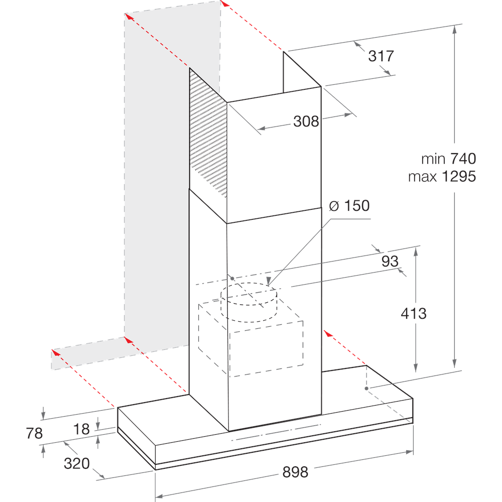 Whirlpool Hotă Încorporabil WHSS 90F L T C K Negru Wall-mounted Electronic Technical drawing
