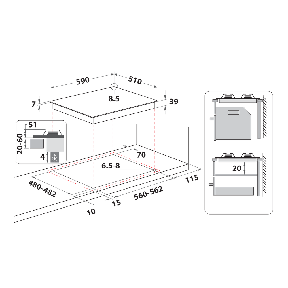 Whirlpool Kookplaat GMA 6422/IX NL Rvs Gas Technical drawing