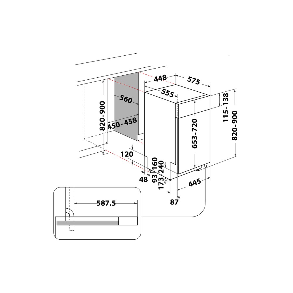 Whirlpool Maşină de spălat vase Încorporabil WH6PB10BS7A0 Half-integrated B Technical drawing