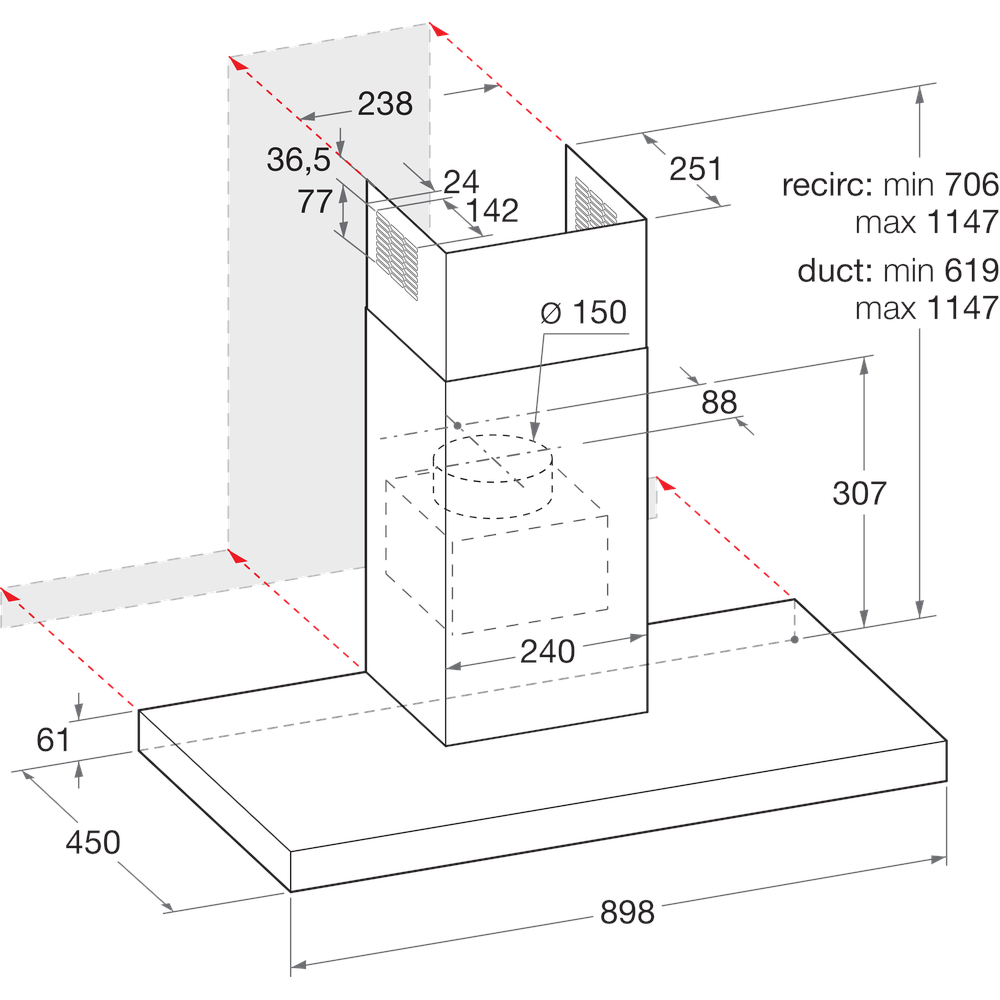 Bauknecht Hotte Appareil encastrable DBHBS 93 LL X Inox Montage mural Electronique Technical drawing