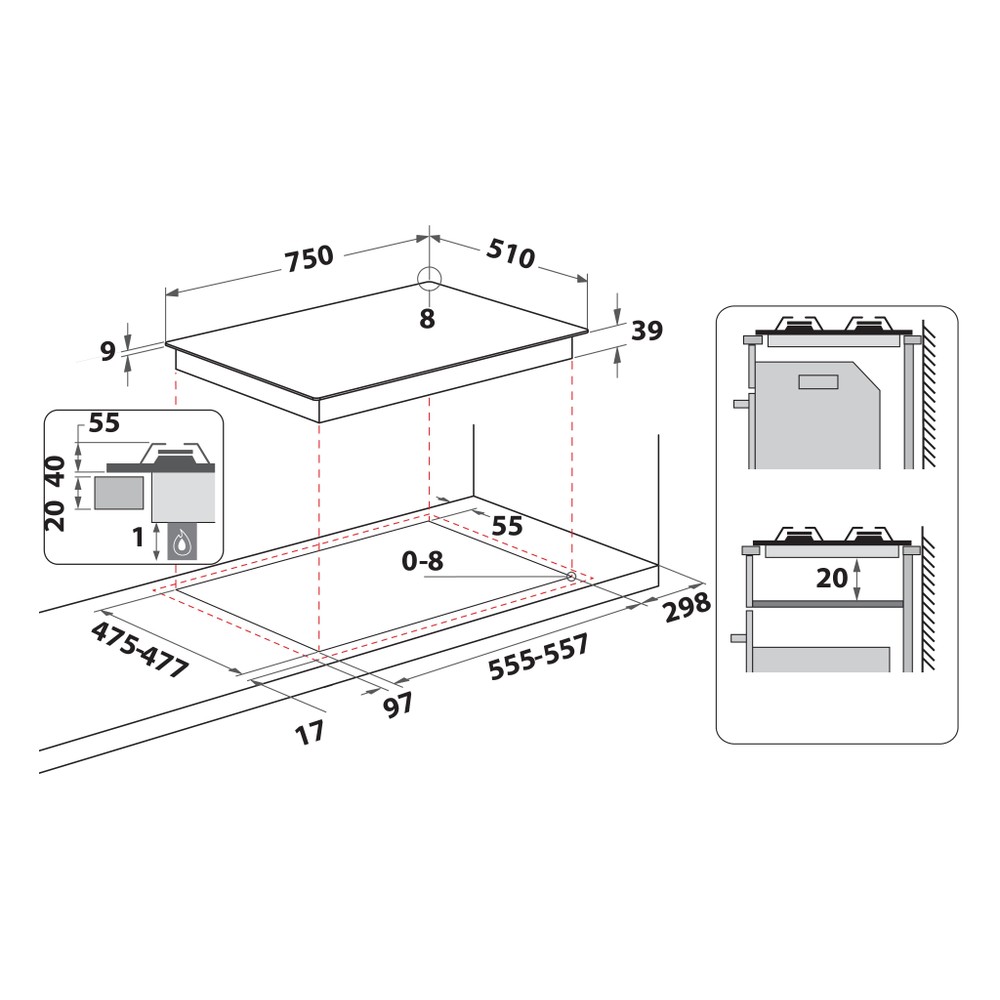 Hotpoint_Ariston Table de cuisson PCN 751 T/IX/HA Inox Gaz Technical drawing