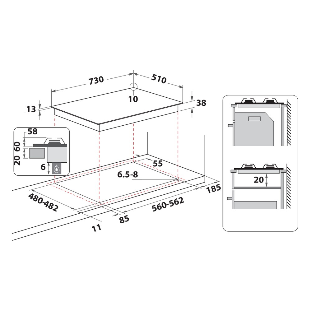 Whirlpool Table de cuisson TGML 761 IX R Inox Gaz Technical drawing