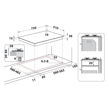 Whirlpool Table de cuisson TGML 761 IX R Inox Gaz Technical drawing
