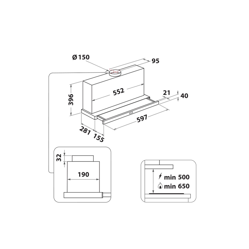 Bauknecht Dunstabzugshauben Einbaugerät BAHTT 55 LM G Grau Einbaugerät Mechanisch Technical drawing