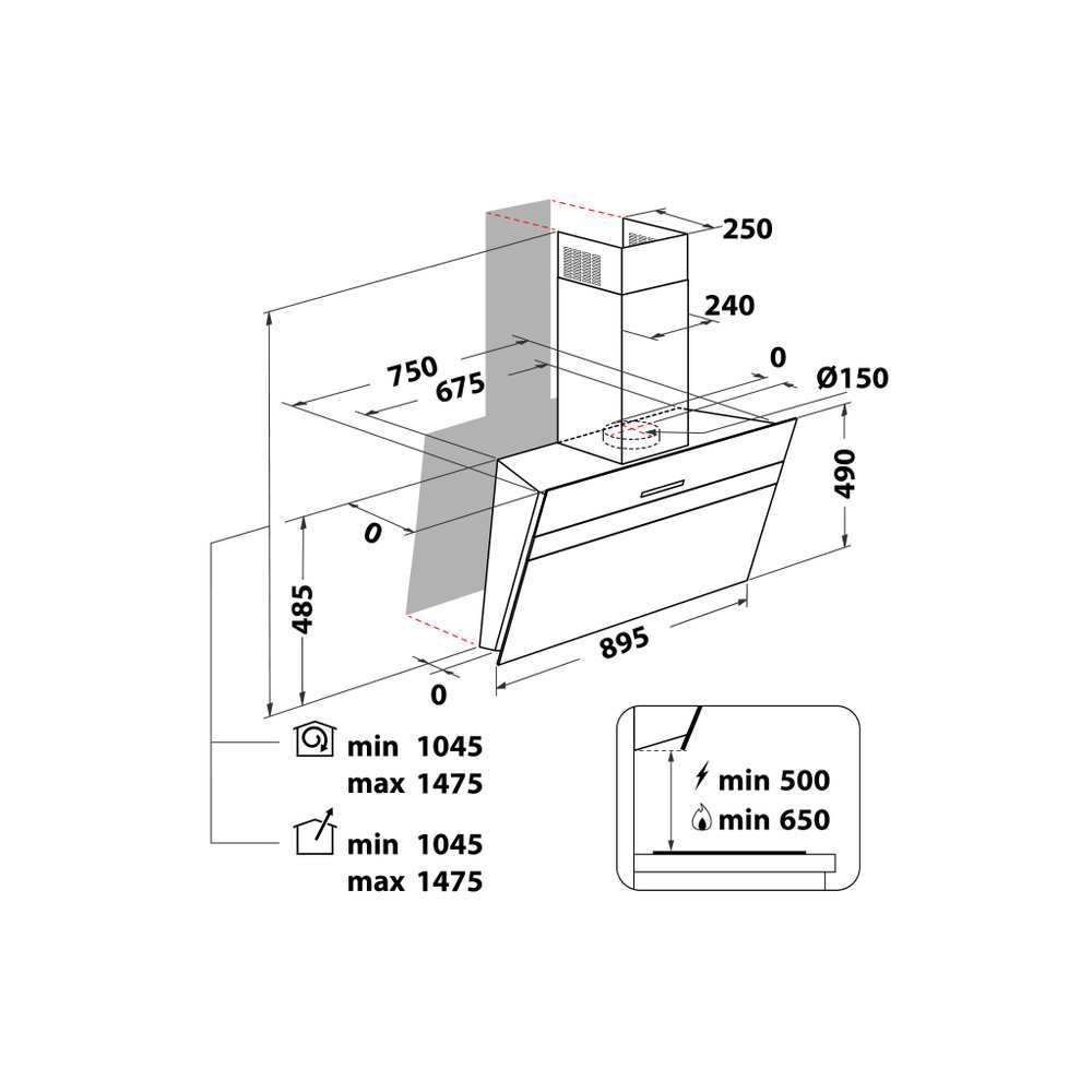 Whirlpool Odsavač par Vestavné WHVS 93F LT BSS/1 Černá Wall-mounted Elektronické Technical drawing