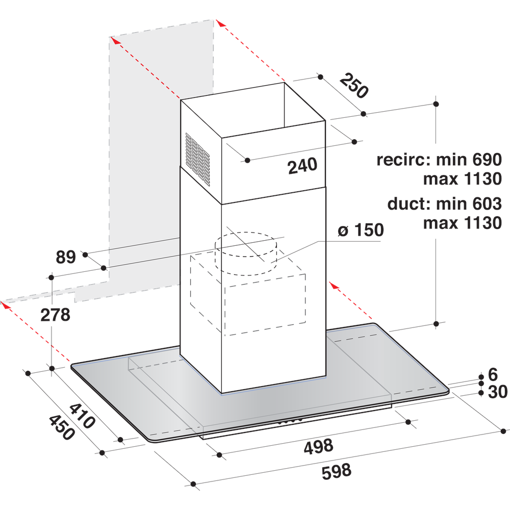 Whirlpool Hood Built-in WHFG 64 F LM X Inox Wall-mounted Mechanical Technical drawing