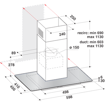 Whirlpool Hood Built-in WHFG 64 F LM X Inox Wall-mounted Mechanical Technical drawing