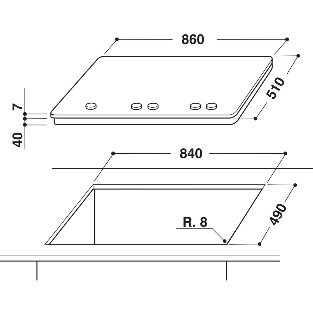 Whirlpool Table de cuisson GMW 9522/IXL Inox Ixelium GAS Technical drawing