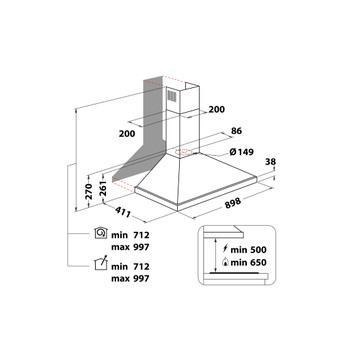 Whirlpool Afzuigkap Ingebouwd WHCN 94 F LM X/1 Rvs Wandmodel Mechanisch Technical drawing
