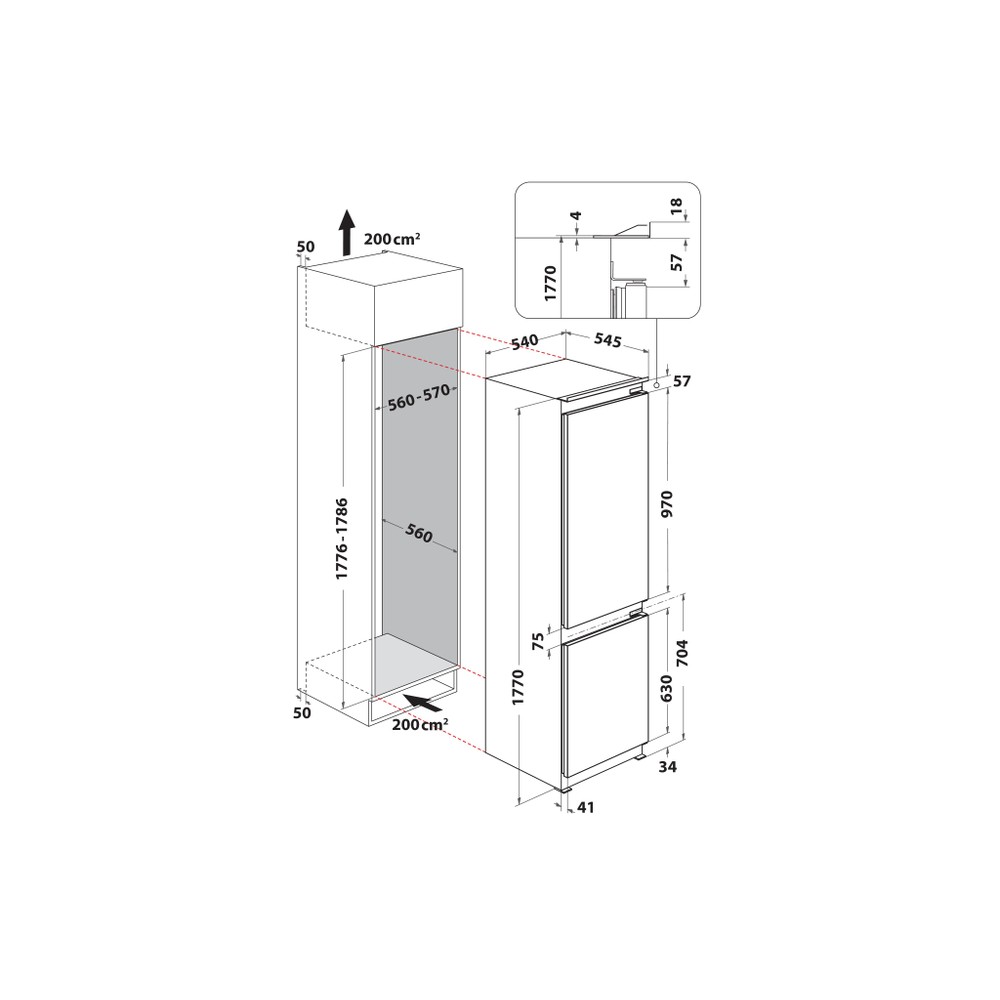 Hotpoint_Ariston Комбиниран хладилник с фризер За вграждане HAC18D041A1 Бял 2 врати Technical drawing