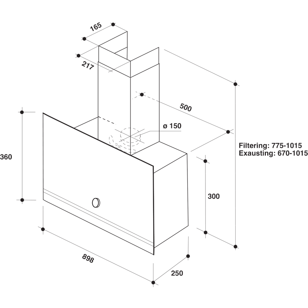 Whirlpool Dampkap Inbouw WHVA 92F LM K Zwart Vrijstaand Mechanisch Technical drawing