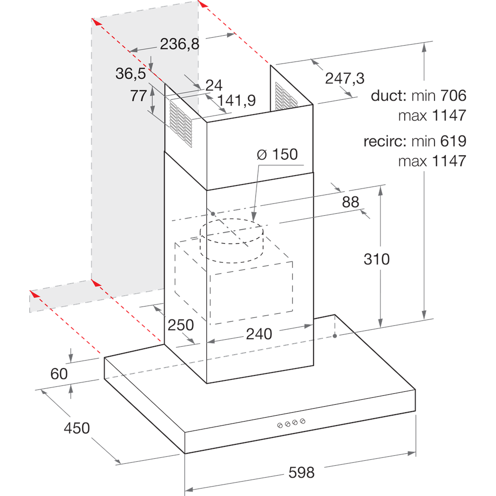 Bauknecht Cappa Apparechio incasso DBHBS 63 LL IX Inox Montaggio a parete Elettrico Technical drawing
