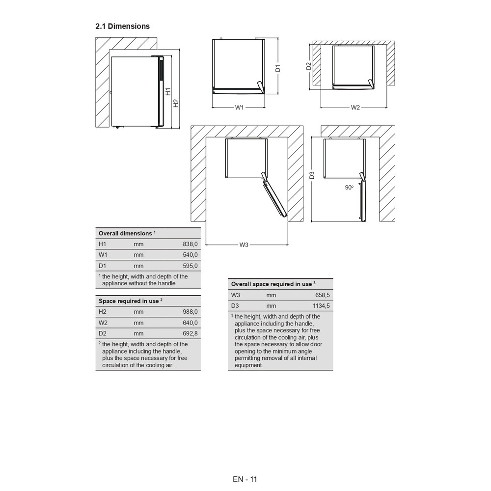 Whirlpool Hűtő Szabadonálló W55RM 1120 W Fehér Technical drawing