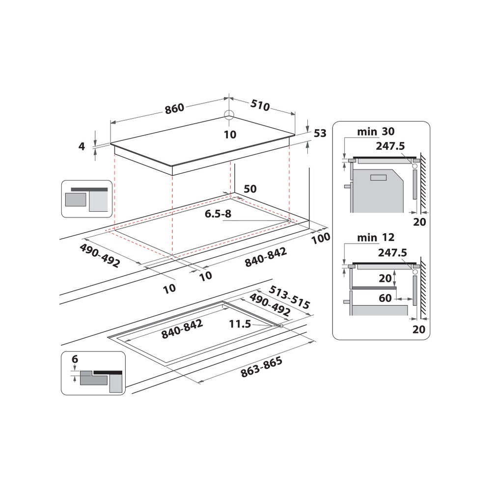 Whirlpool Table de cuisson SMP2 9010 C/NE/IXL Noir Induction vitroceramic Technical drawing