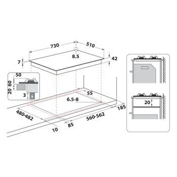 Whirlpool Table de cuisson GMWL 758/IXL FR Inox Ixelium Gaz Technical drawing
