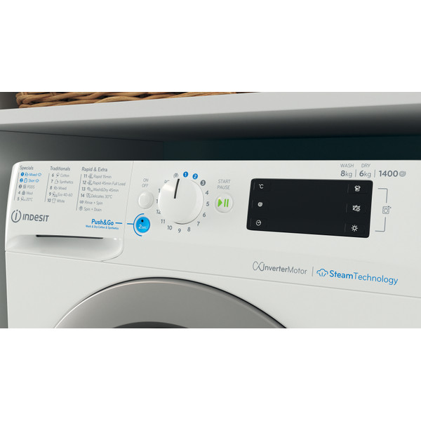 Indesit Veļas mazgājamā mašīna-žāvētājs Brīvi stāvošs BDE 86436 WSV EE Balts Priekšējās ielādes Control panel