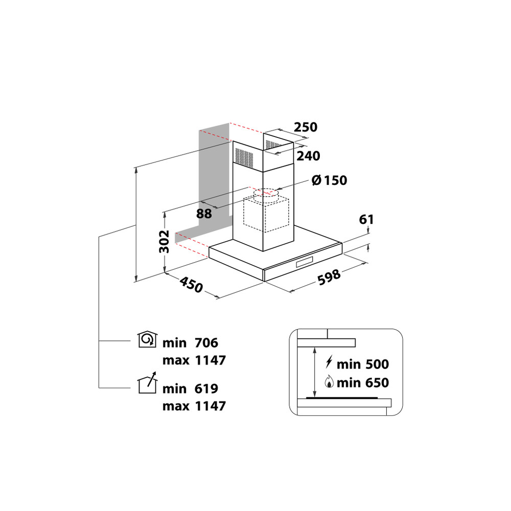 Whirlpool Dampkap Inbouw WHBS62FLTK Zwart Wandmodel Elektronisch Technical drawing