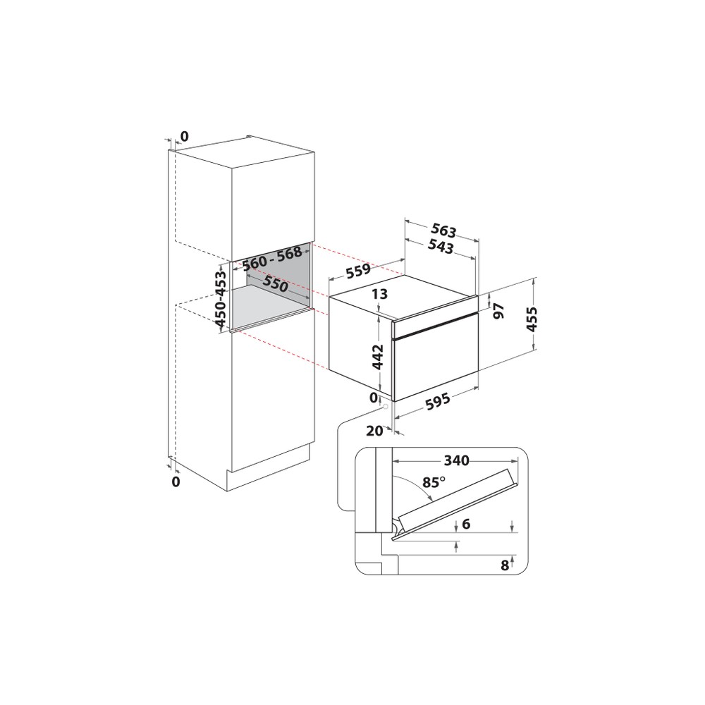 Whirlpool Mikrohullámú sütő Beépíthető WCW11O7FHTSSM Stardust grey matte Elektromos 53 Mikrohullám-Kombi 950 Technical drawing