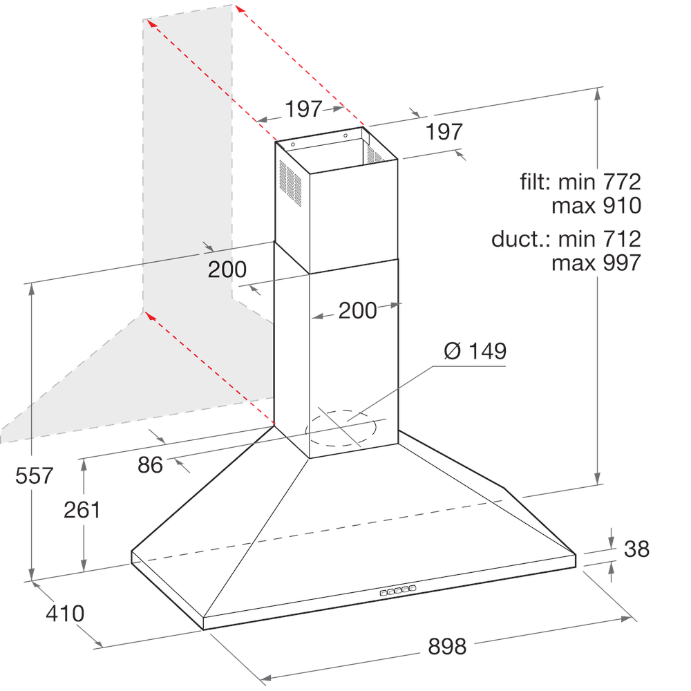 Hotpoint HOOD Built-in PHPN9.5FLMX/1 Inox Wall-mounted Mechanical Technical drawing
