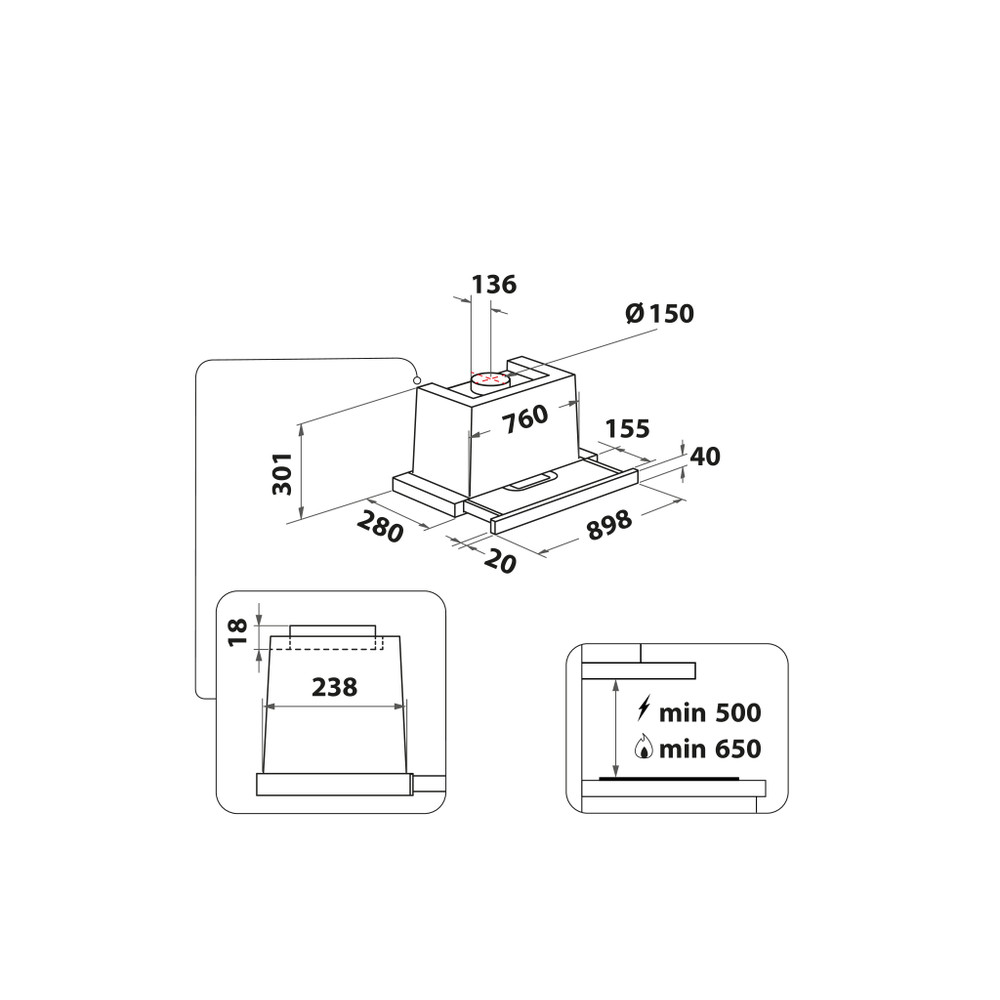 Bauknecht Afzuigkap Inbouw DNV 5390 IN/1 Roestvrij staal Inbouw Elektronisch Technical drawing