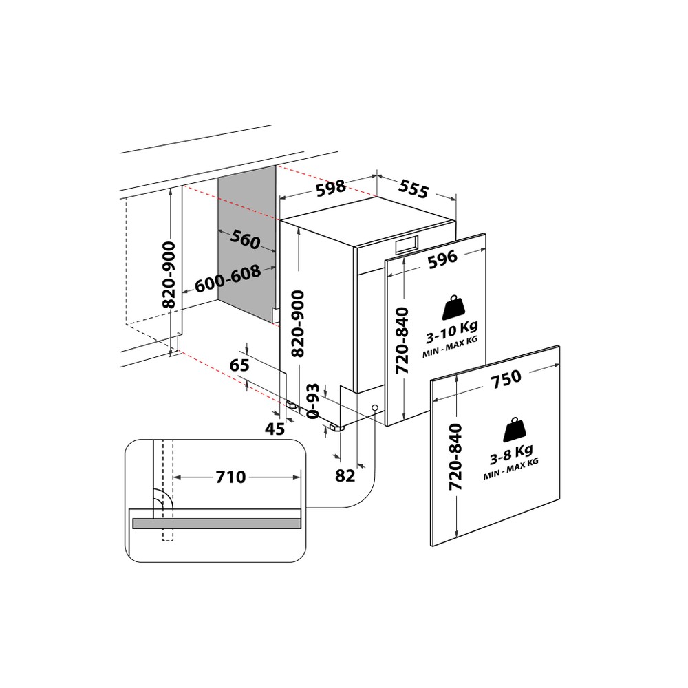 Bauknecht Lave-vaisselle Appareil encastrable BK8IA15AM3TUSC0CH Entièrement intégré A Technical drawing