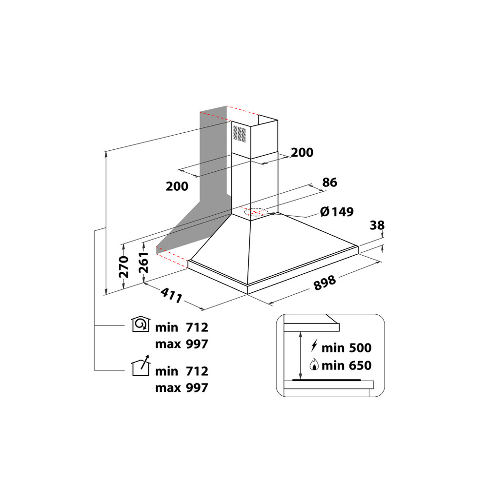 Whirlpool Afzuigkap Ingebouwd AKR 916 IX/3 Rvs Wandmodel Mechanisch Technical drawing