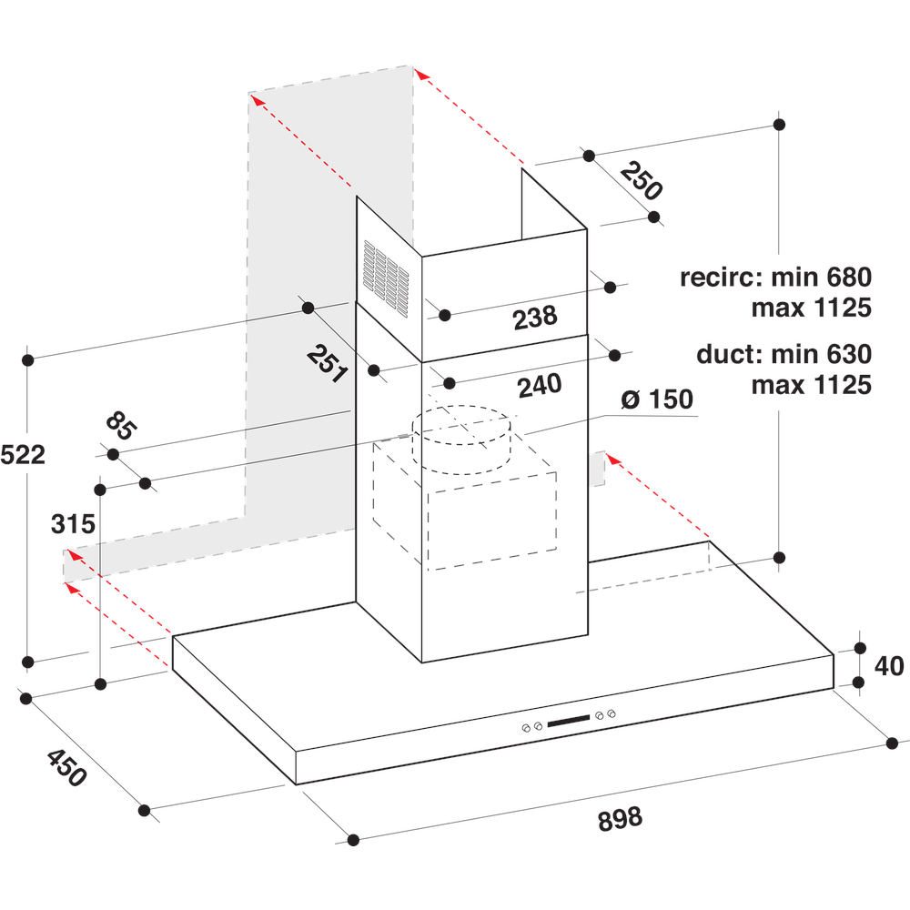 Whirlpool Hood Built-in WHBS 93 F LE X Inox Wall-mounted Electronic Technical drawing