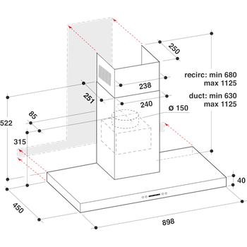 Whirlpool Hood Built-in WHBS 93 F LE X Inox Wall-mounted Electronic Technical drawing