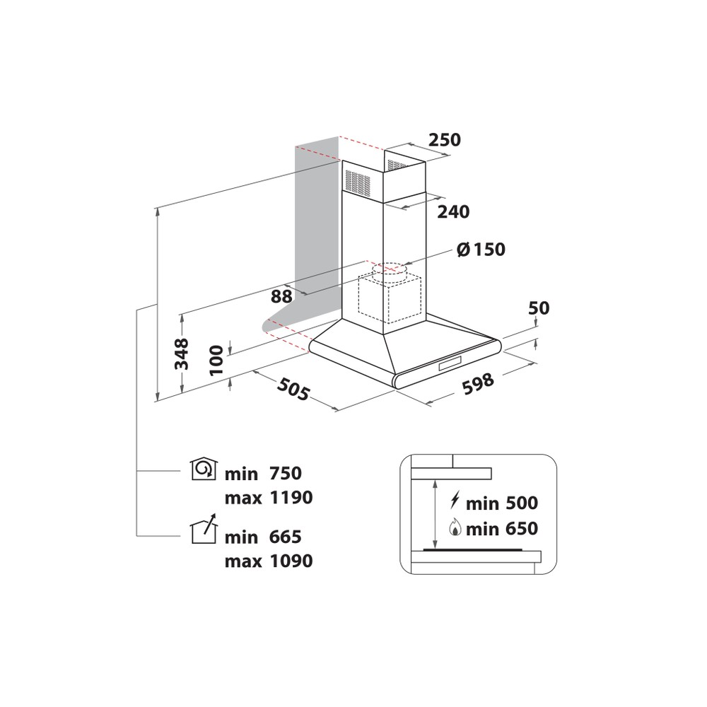 Hotpoint_Ariston Exaustor Encastre HHC 6.7F LT X Inox Wall-mounted Eletrónico Technical drawing