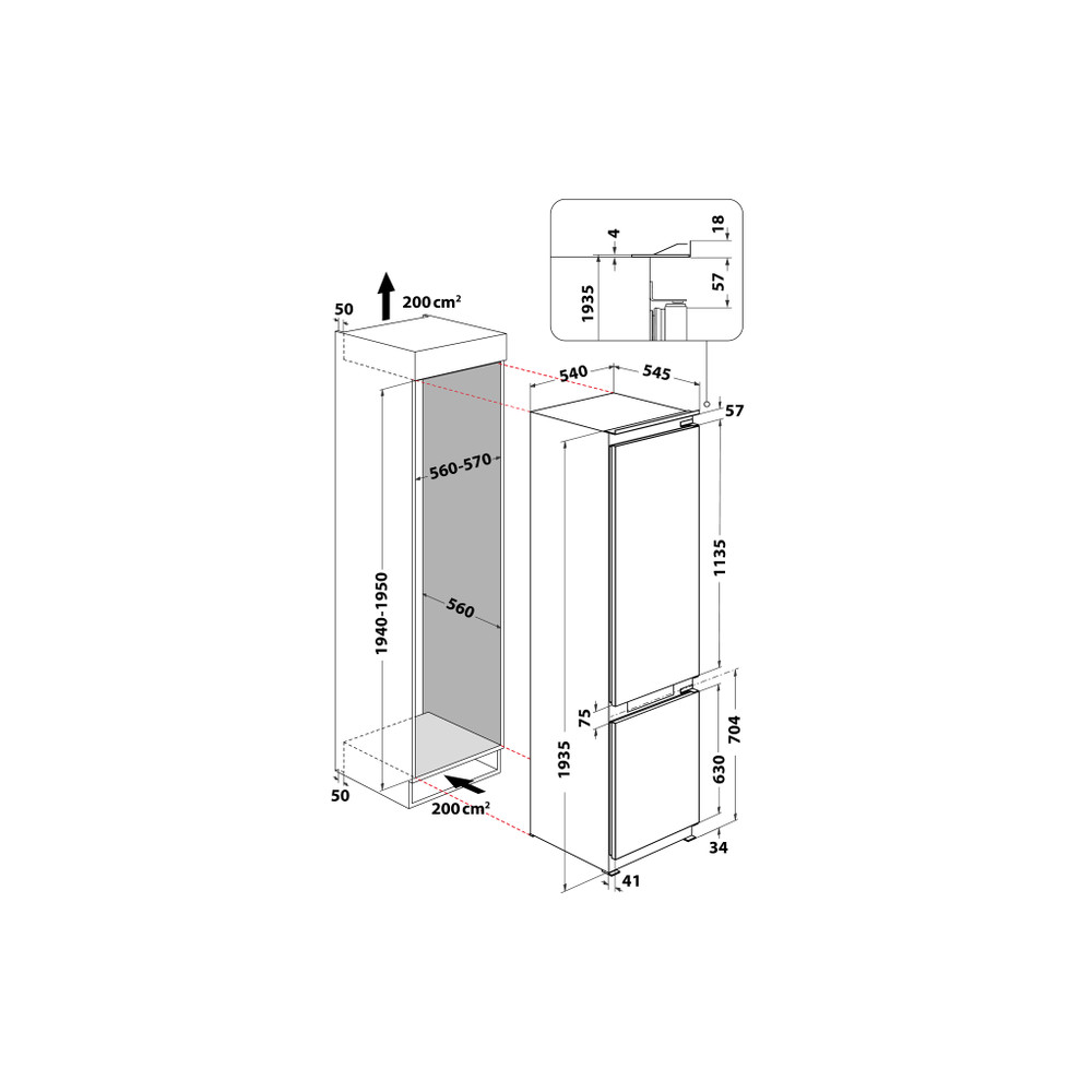 Whirlpool Холодильник з нижньою морозильною камерою. Вбудований (-а) WHC20 T352 Білий 2 двері Technical drawing