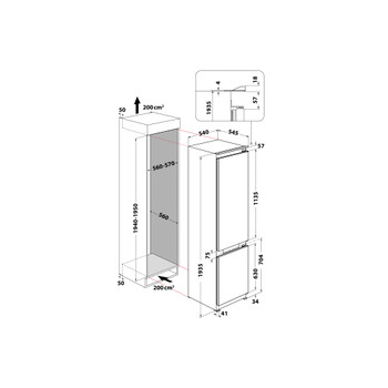 Whirlpool Холодильник з нижньою морозильною камерою. Вбудований (-а) WHC20 T352 Білий 2 двері Technical drawing