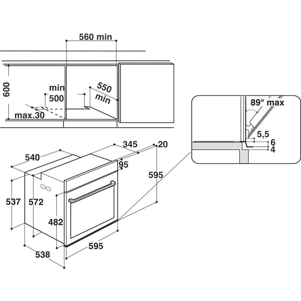 Whirlpool Horno Encastre W6 OS4 4S1 H BL Eléctrico A + Technical drawing