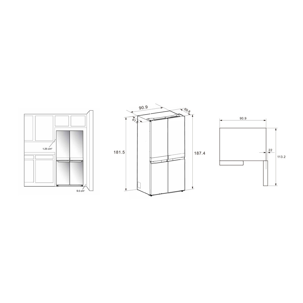 Whirlpool Side by Side Voľne stojace WQ9 U3L EF Nerezový vzhľad Technical drawing
