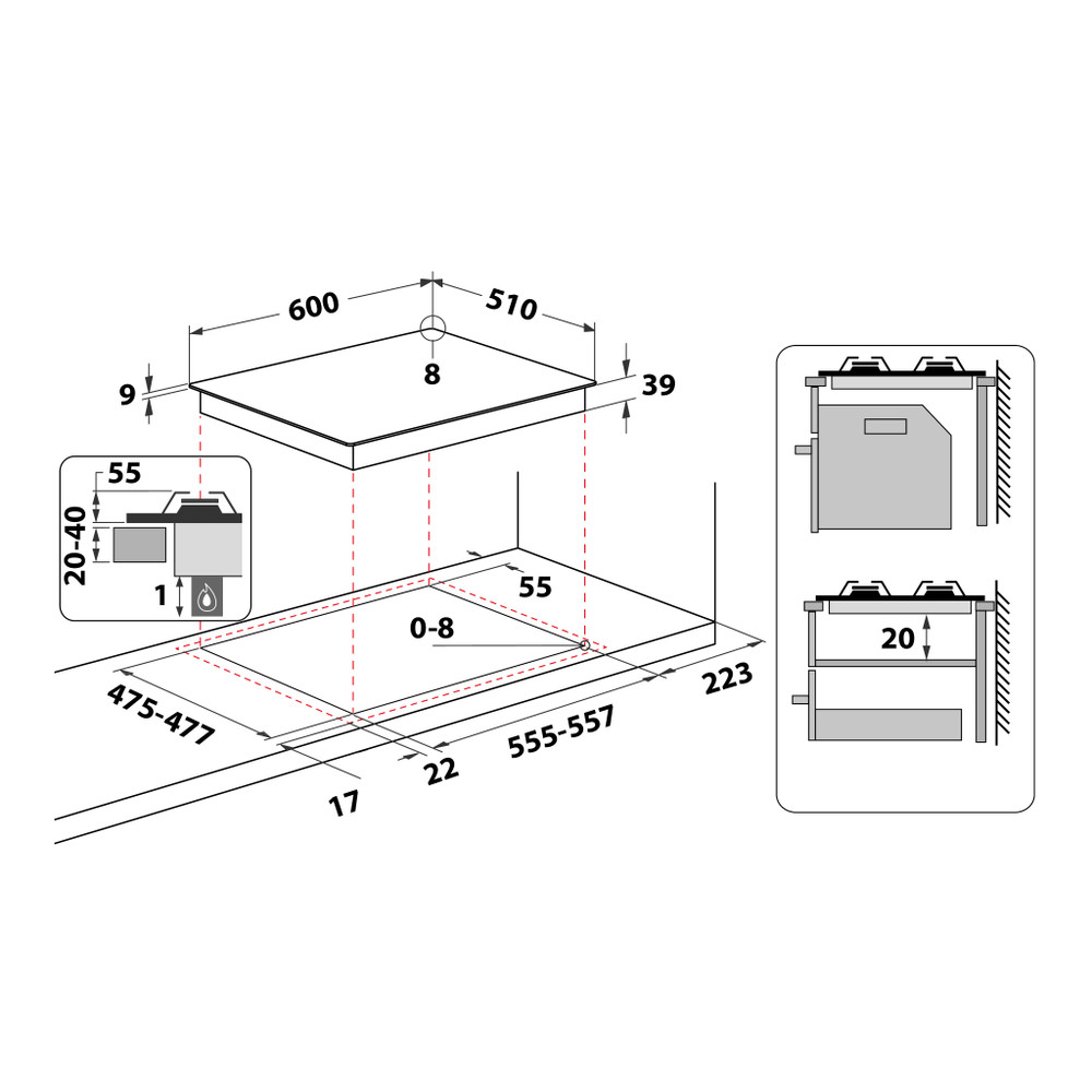 Hotpoint_Ariston Table de cuisson PCN 641 T/IX/HA Inox Gaz Technical drawing