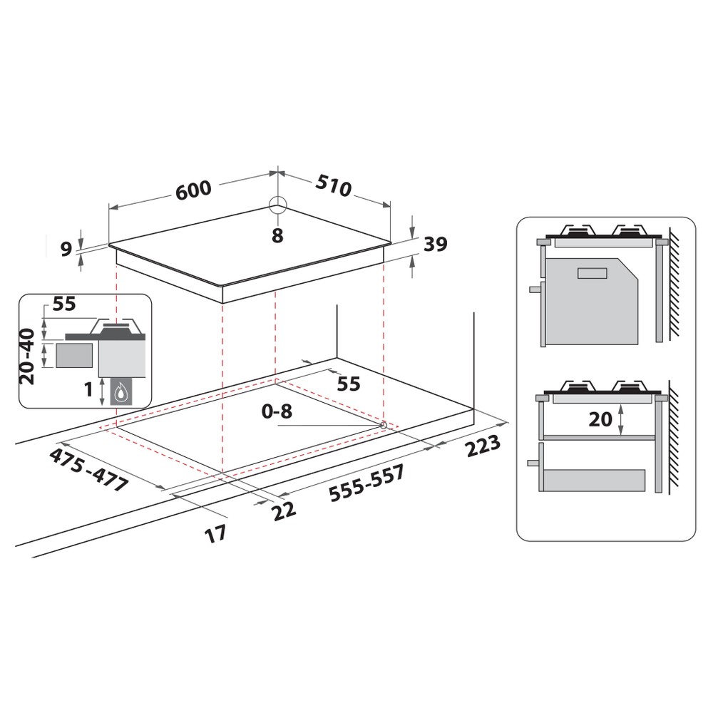 Hotpoint_Ariston Table de cuisson PCN 641 T/IX/HA Inox Gaz Technical drawing